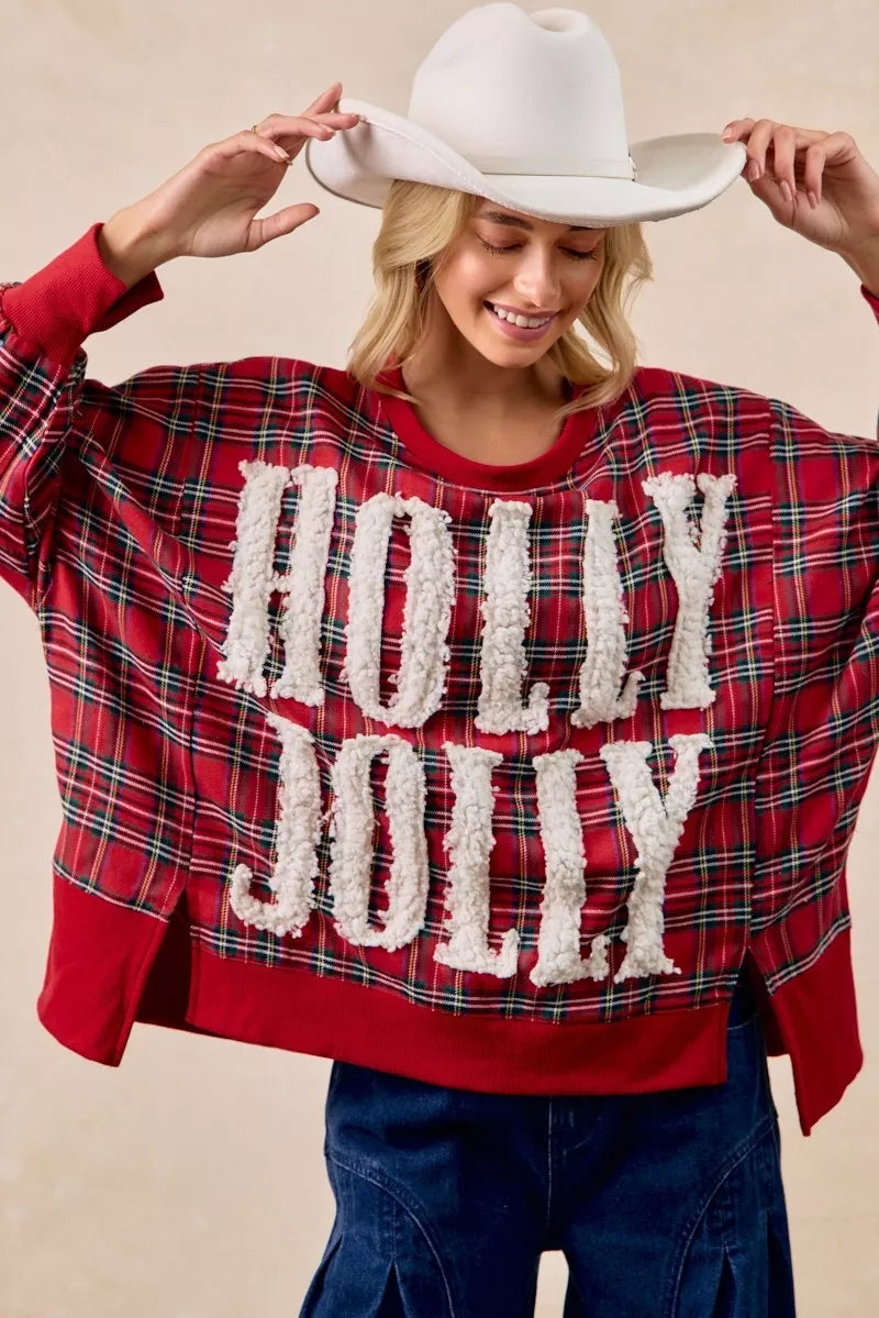 Holly Jolly Christmas Plaid Oversized Sweatshirt – Festive Holiday Top