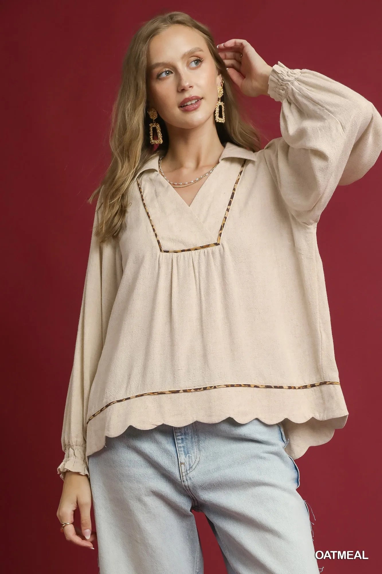 Linen Scallop Hem Blouse Contrast Trim Women’s Chic Casual Plus Top