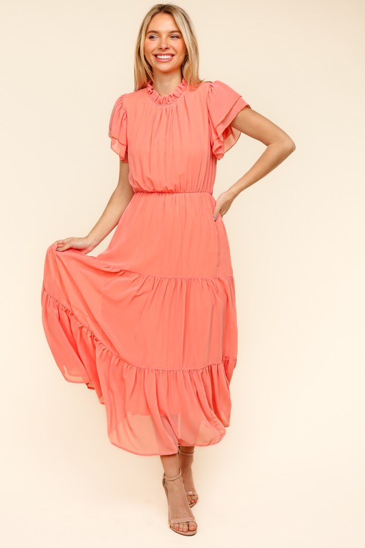 Haptics Tiered Frill Mock Neck Short Sleeve Dress