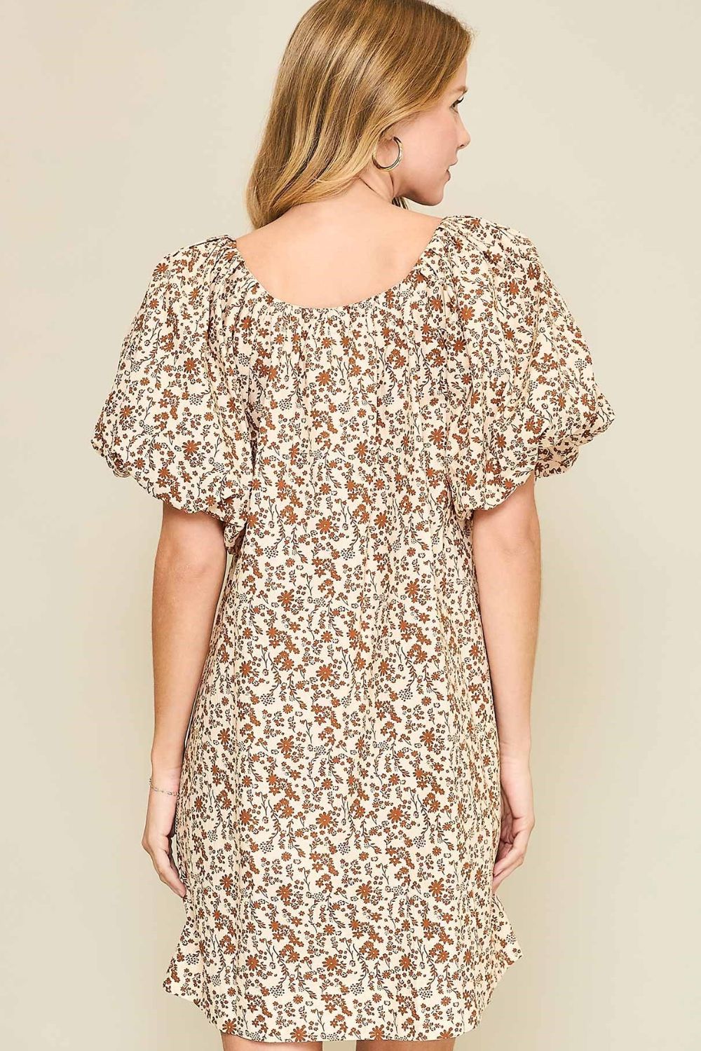 Umgee Lace Tape Drawstring Floral Puff Sleeve Mini Dress