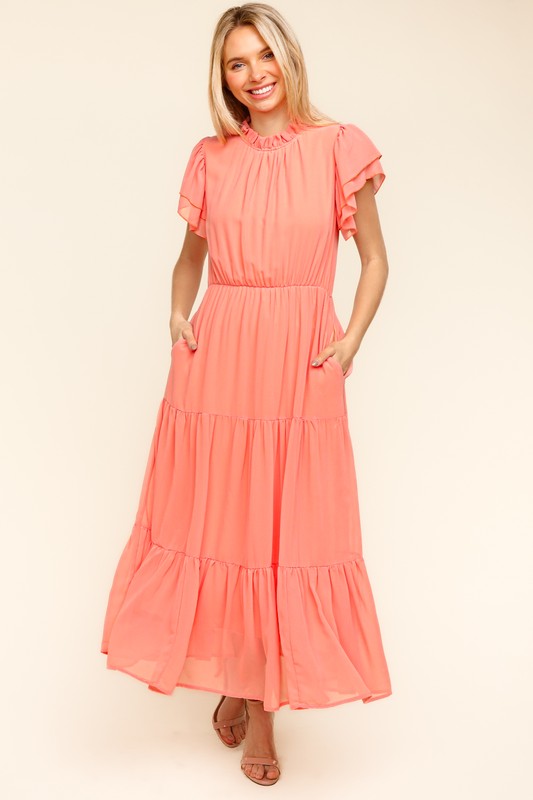 Haptics Tiered Frill Mock Neck Short Sleeve Dress