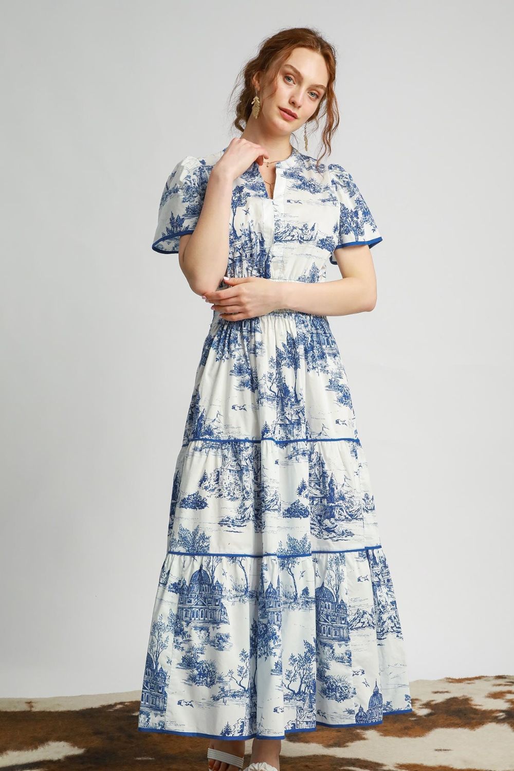 Umgee Landscape Print Short Sleeve Tiered Maxi Dress