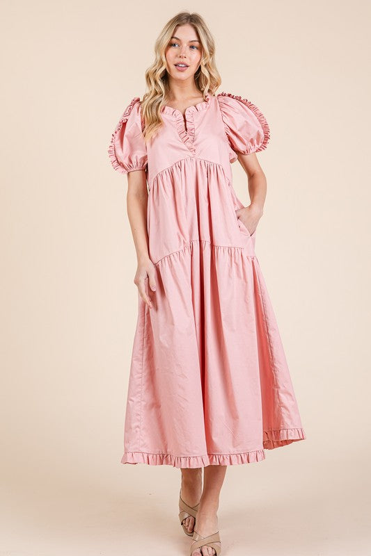 GeeGee Ruffle Trim Puff Sleeve Tiered Babydoll Midi Dress