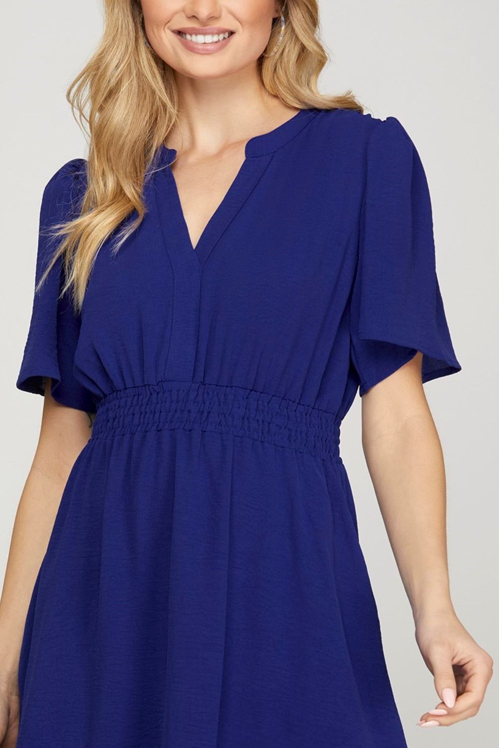 She + Sky Ruffled Hem Notched Flutter Sleeve Mini Dress