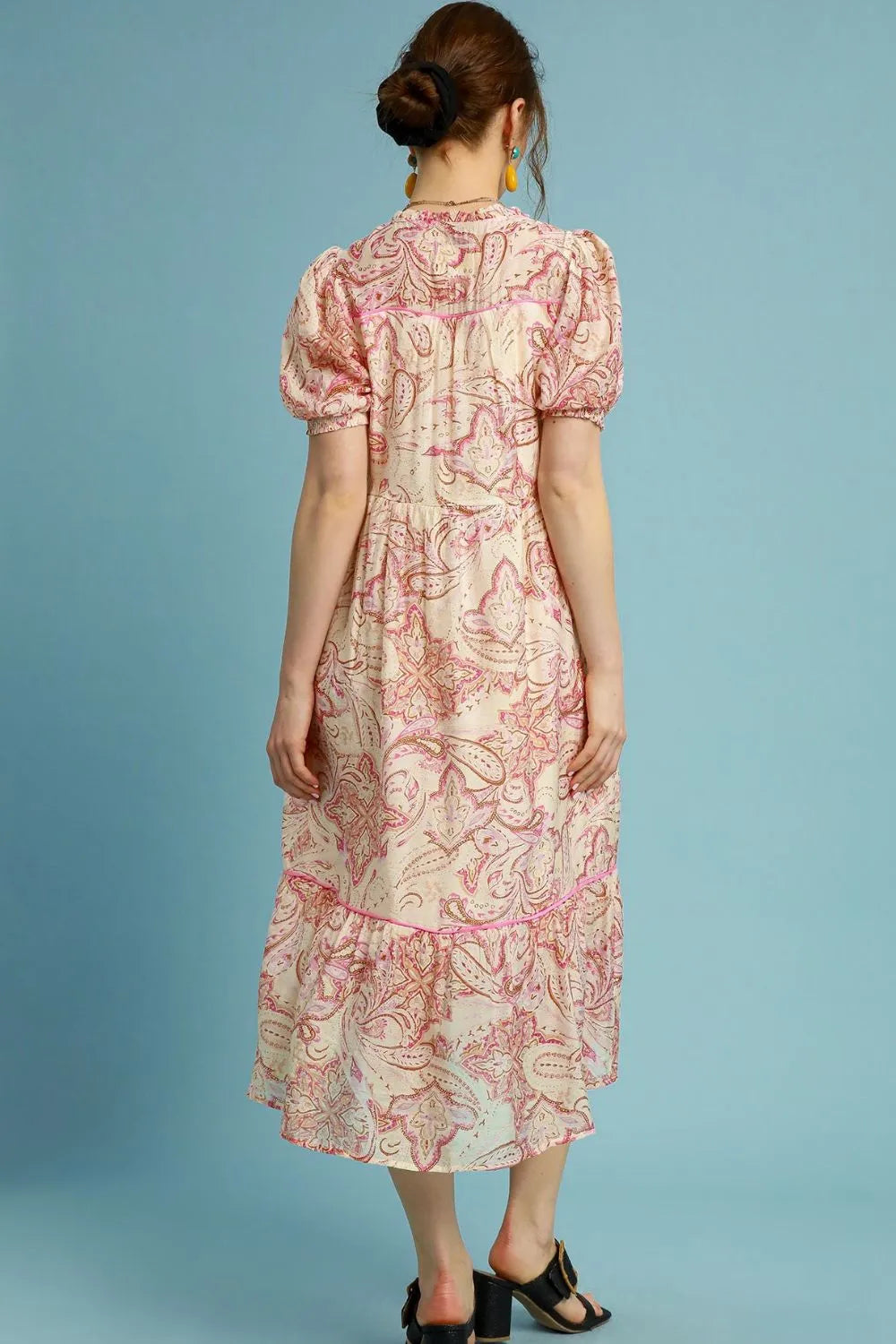Umgee Printed Puff Short Sleeve Midi Dress