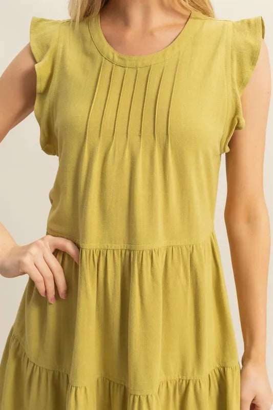 HYFVE Round Neck Ruffle Sleeve Tiered Dress