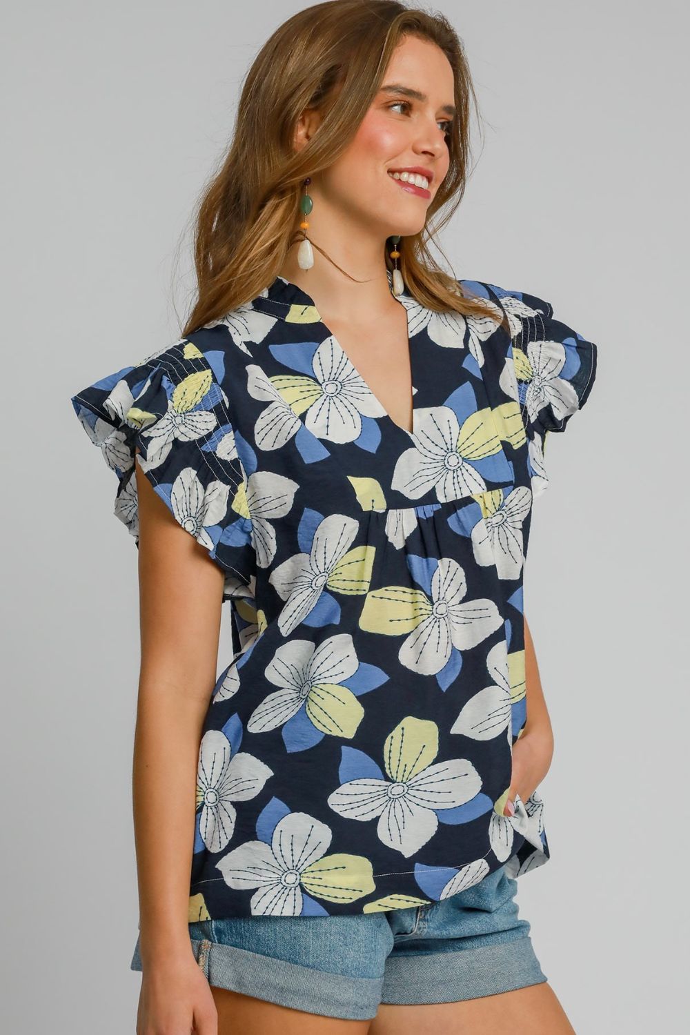 Umgee Floral Print Ruffled Cap Sleeve Babydoll Blouse