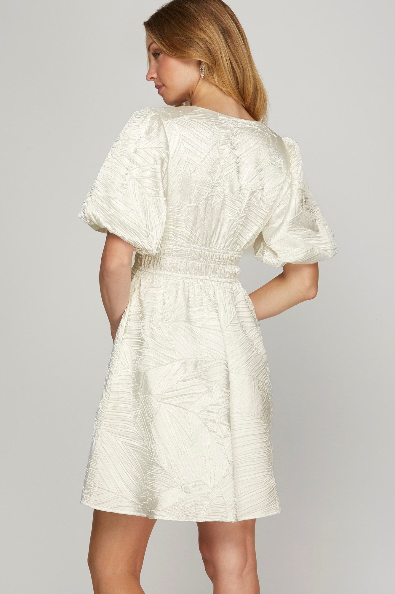 She + Sky Crinkle Woven V-Neck Balloon Sleeve Mini Dress