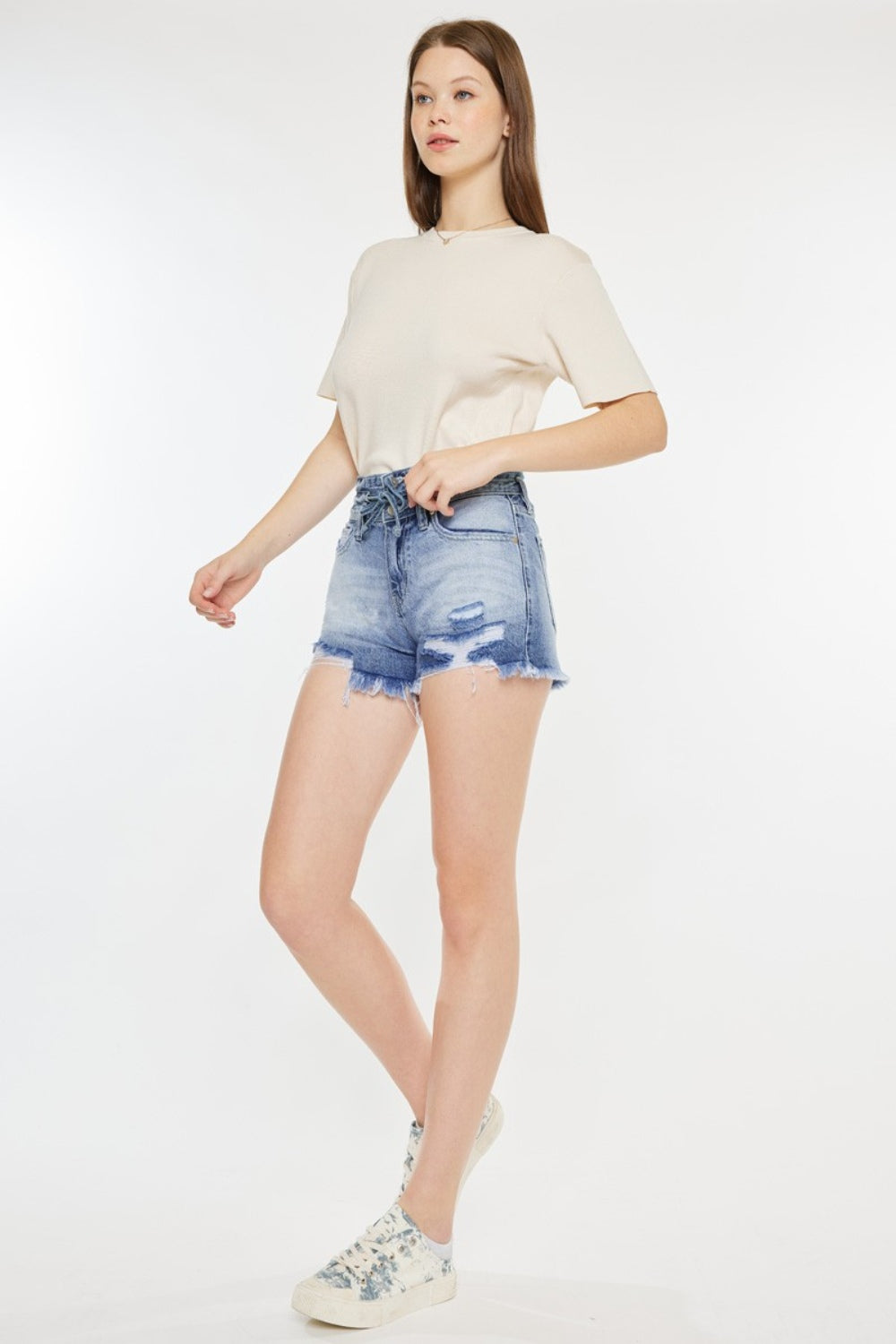 Kan Can High Rise Frayed Hem Denim Shorts