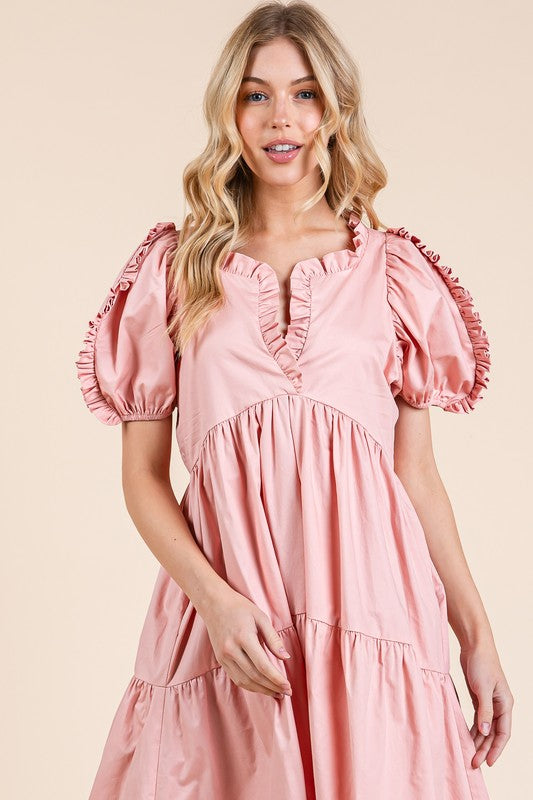 GeeGee Ruffle Trim Puff Sleeve Tiered Babydoll Midi Dress