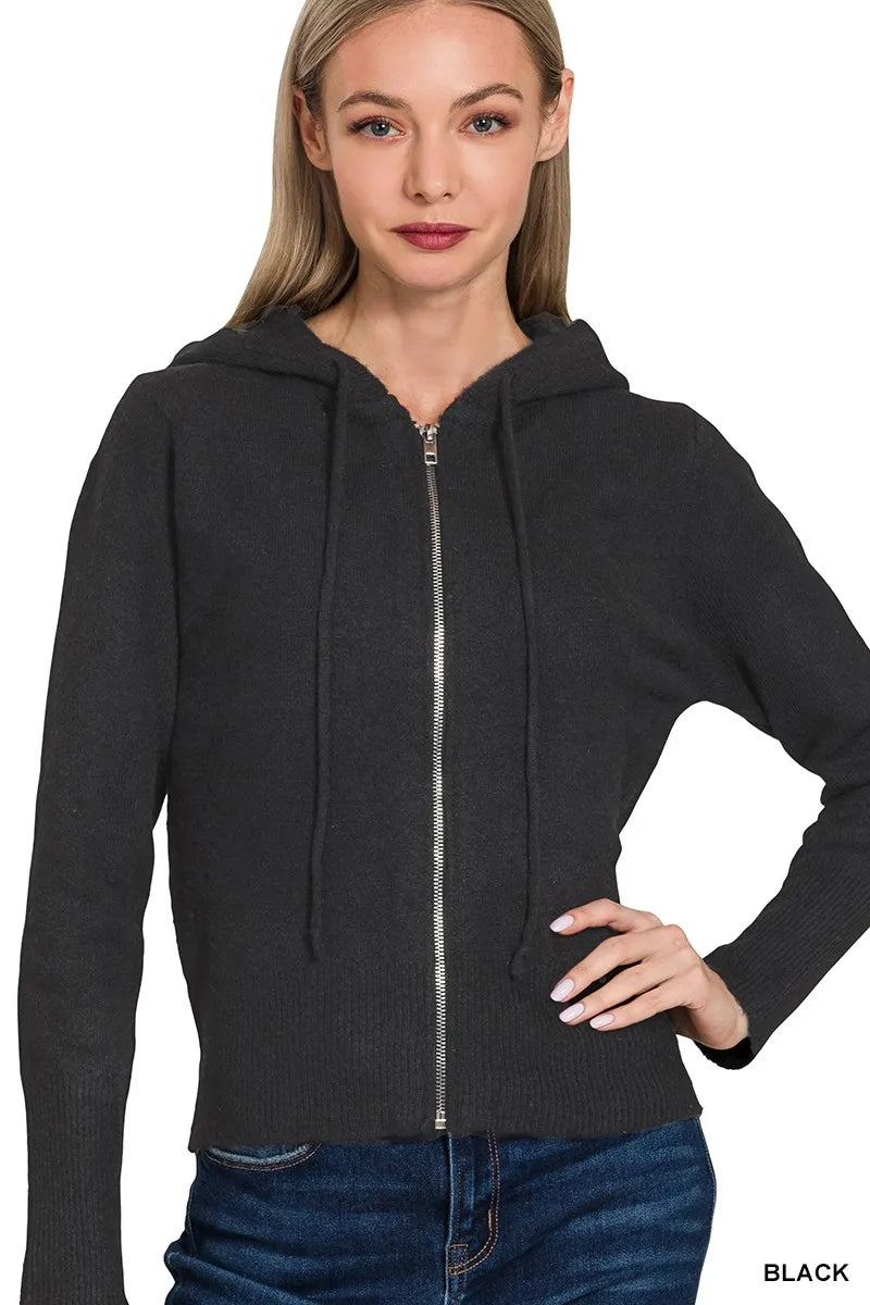 Black Hooded Zip-Up Cardigan – Classic Knit Layer with Modern Comfort