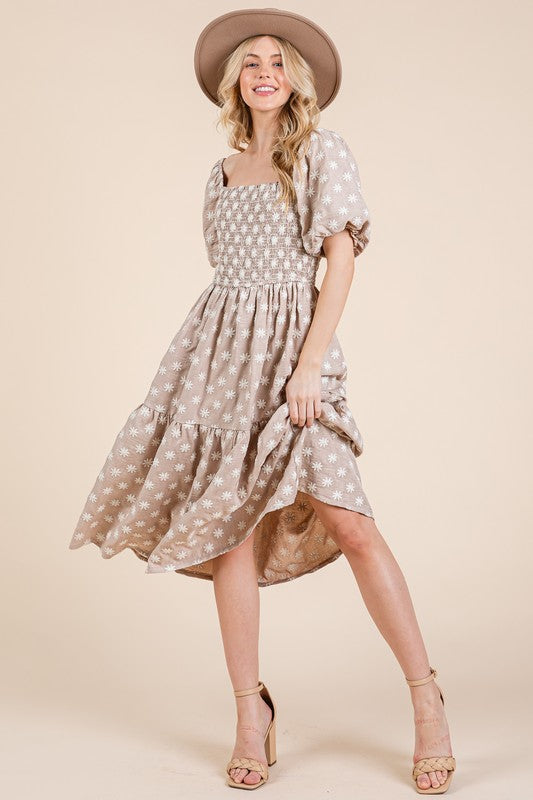 GeeGee Floral Embroidered Smocked Puff Sleeve Tiered Midi Dress
