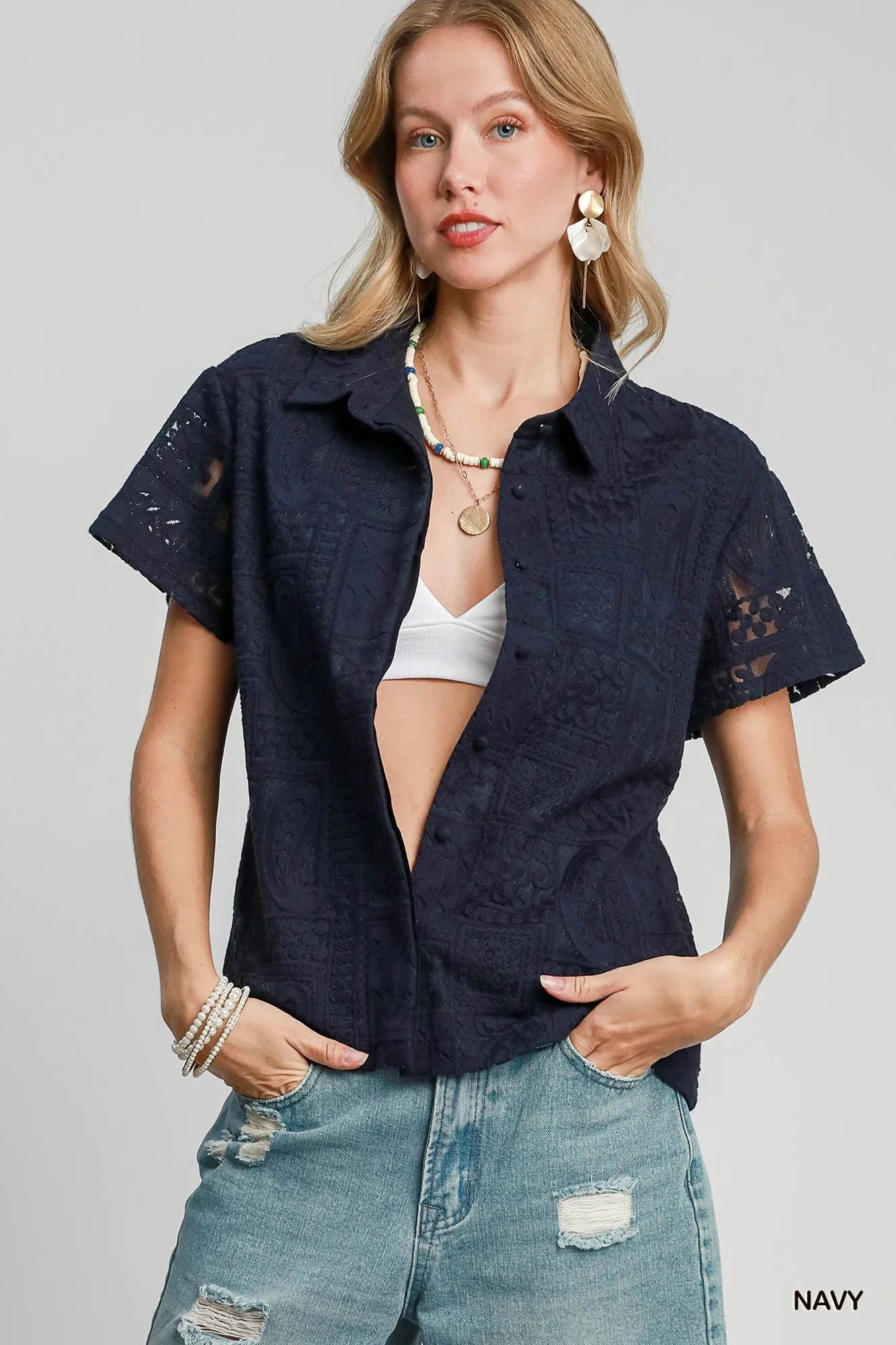 Patch Lace Short Sleeve Button Down Shirt – Chic & Feminine Top
