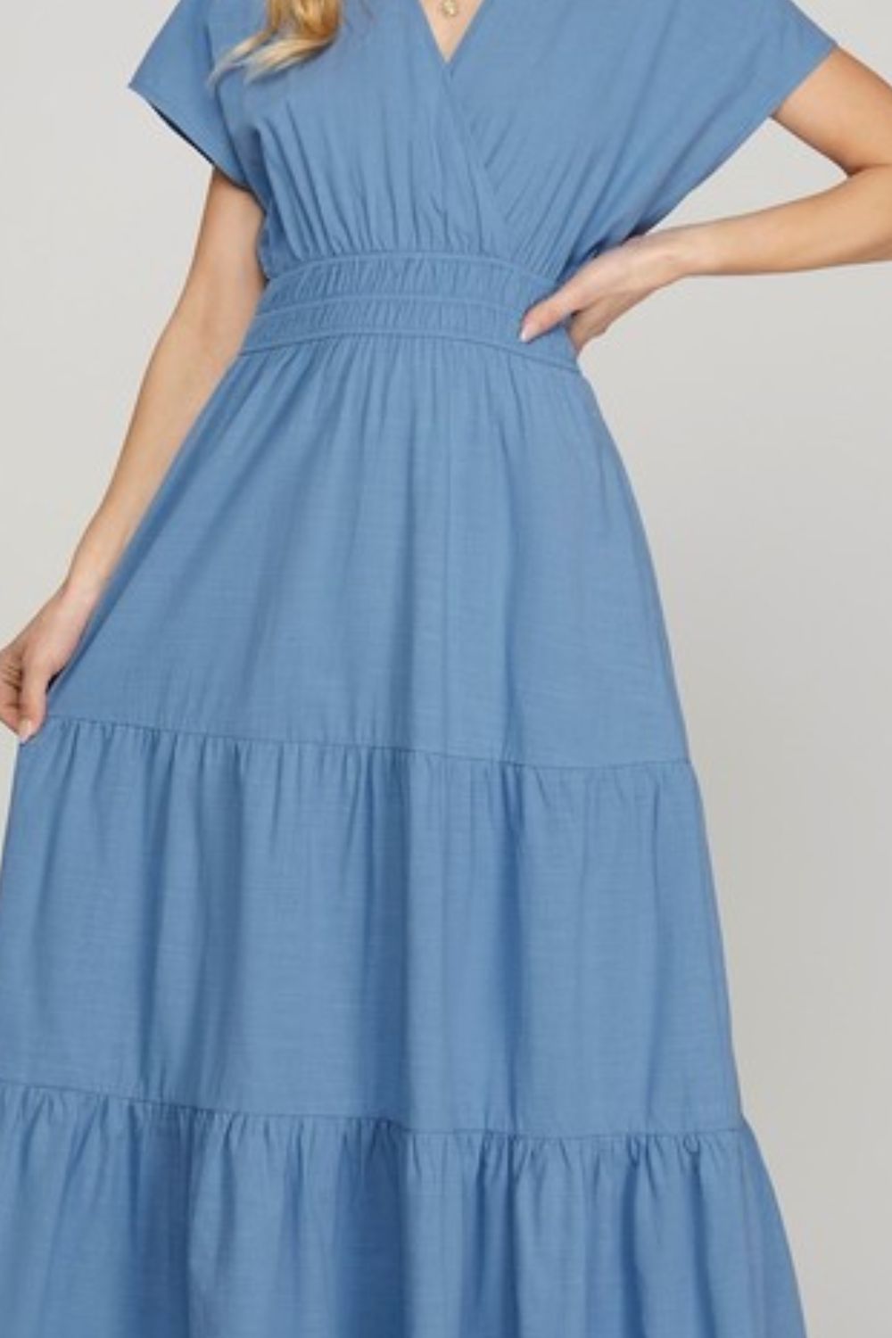 She + Sky Surplice Short Sleeve Tiered Maxi Dress With Pockets