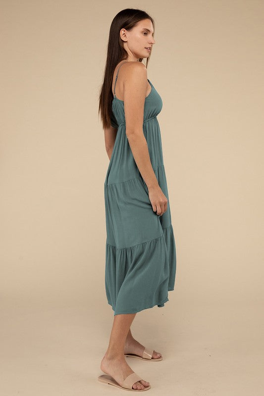 Zenana Woven Sweetheart Neckline Tiered Cami Midi Dress