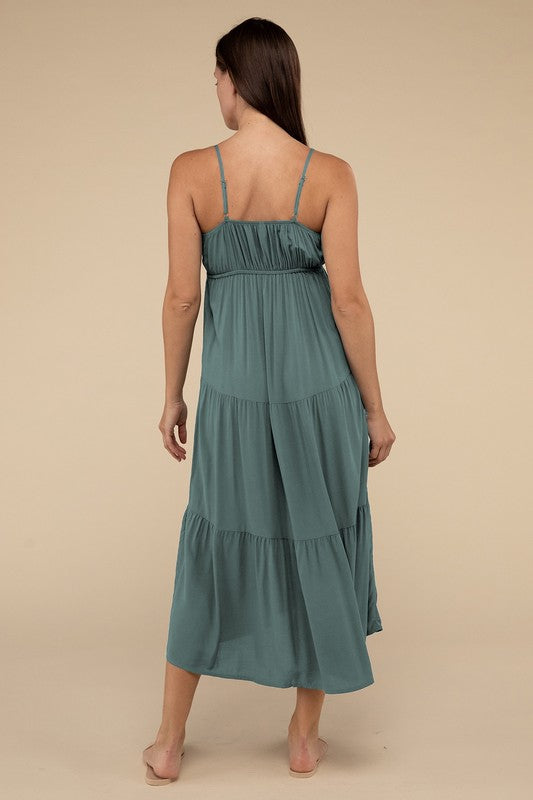 Zenana Woven Sweetheart Neckline Tiered Cami Midi Dress