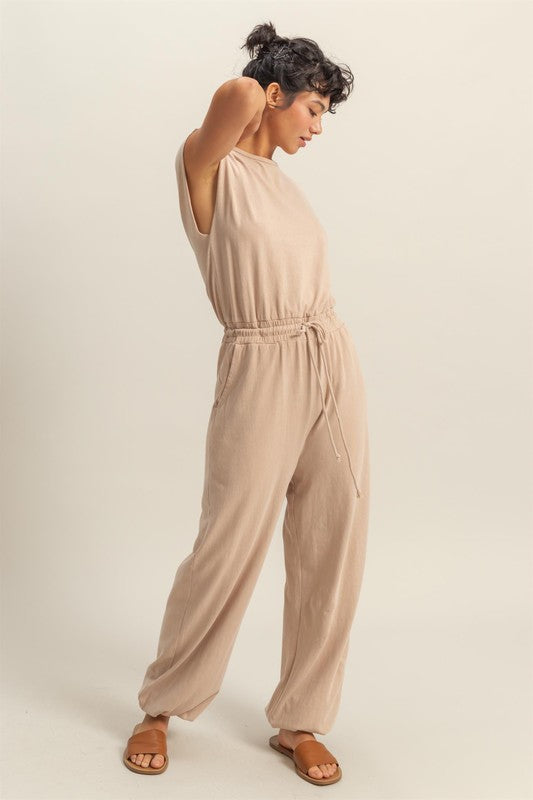 HYFVE Back Keyhole Round Neck Cap Sleeve Drawstring Jumpsuit