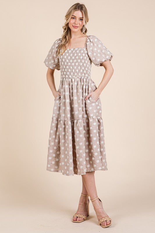 GeeGee Floral Embroidered Smocked Puff Sleeve Tiered Midi Dress