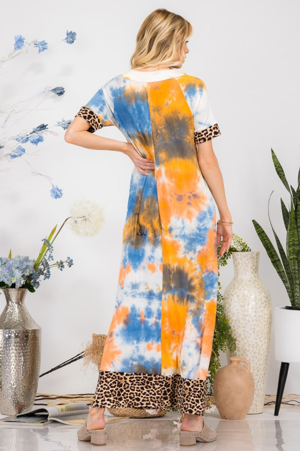 Celeste Leopard Tie-Dye Button Detail Short Sleeve Maxi Dress