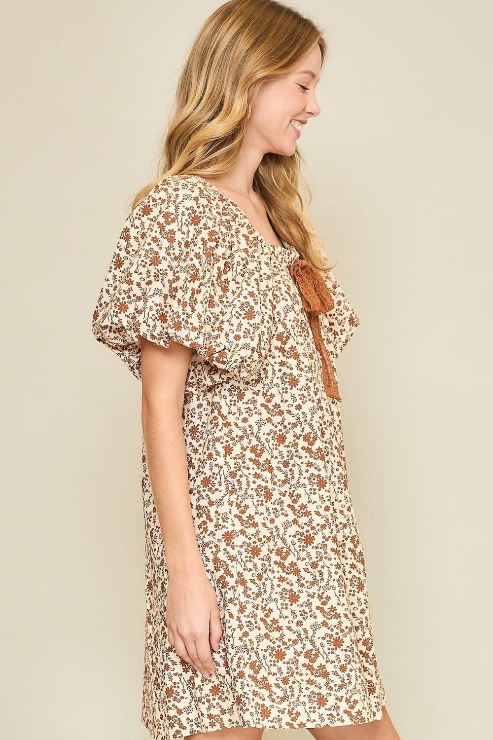 Umgee Lace Tape Drawstring Floral Puff Sleeve Mini Dress