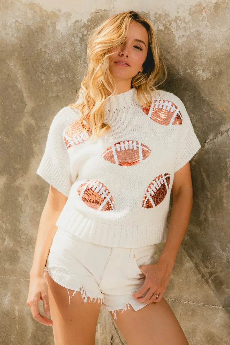Football Print Pullover Sweater – Sporty Chic Short Sleeve Knit