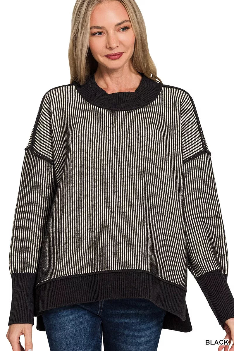 Black & White Striped Pullover Sweater – Chic Knit Casual Style