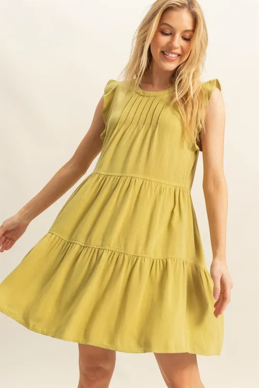 HYFVE Round Neck Ruffle Sleeve Tiered Dress