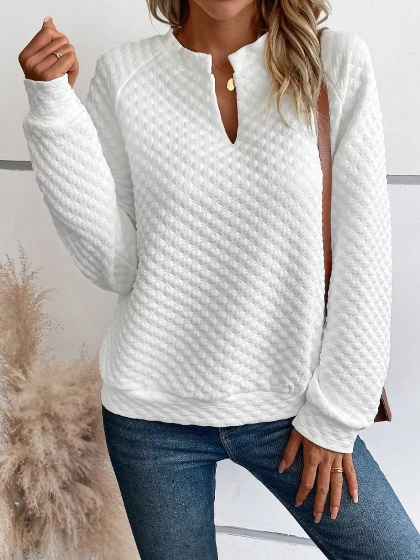 Notched Raglan Sleeve Sweatshirt – Casual Cozy Pullover