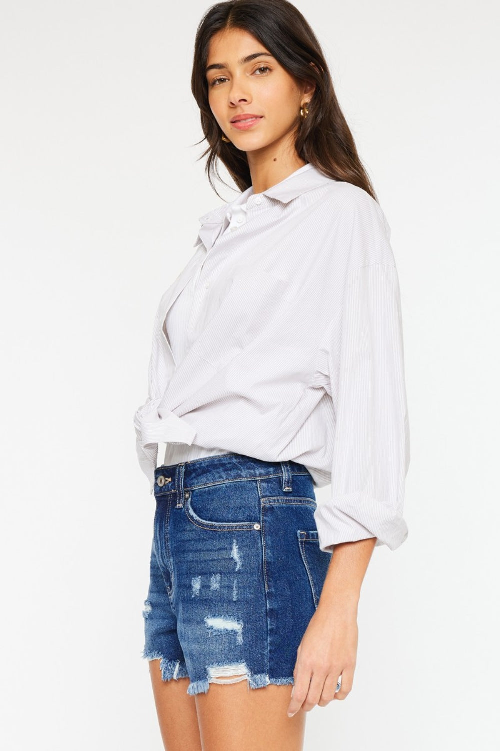 Kan Can High Rise Frayed Hem Denim Shorts