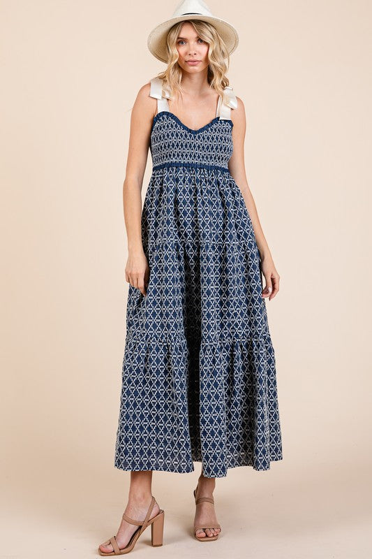 GeeGee Geometric Embroidered Smocked Tie Shoulder Midi Dress