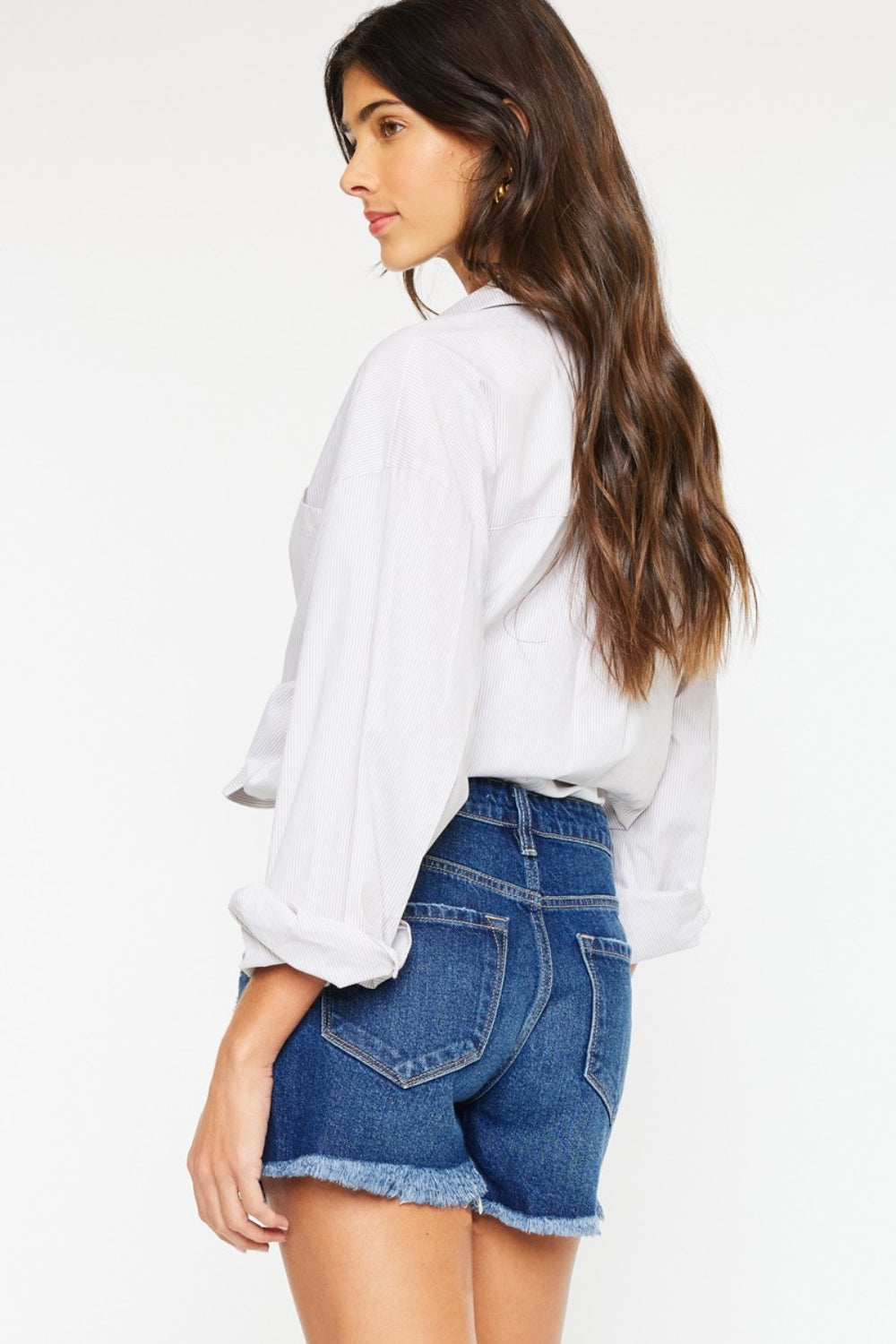 Kan Can High Rise Frayed Hem Denim Shorts