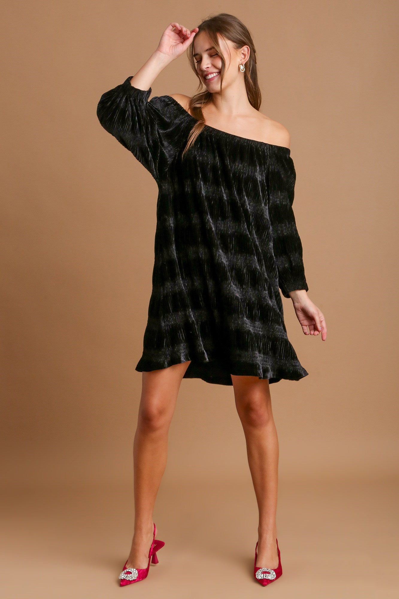Umgee Off Shoulder Balloon Sleeve Velvet Mini Dress