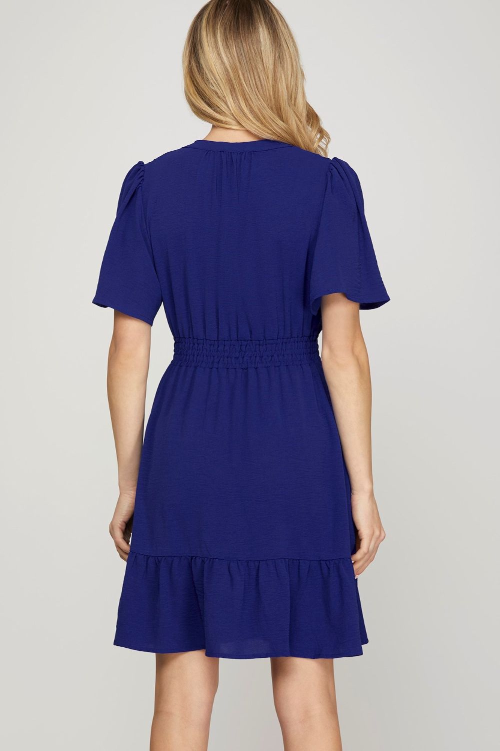 She + Sky Ruffled Hem Notched Flutter Sleeve Mini Dress