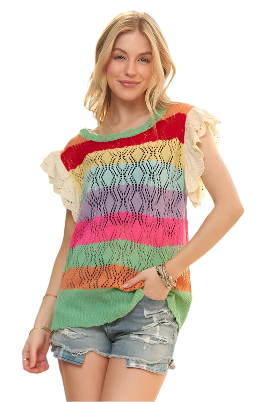 Crochet Top with Eyelet Sleeves – Colorful & Chic Statement Piece