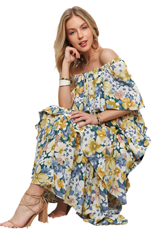 ADORA Layered Floral Off-Shoulder Short Sleeve Maxi Dress