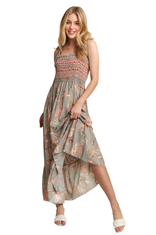 ADORA Smocked Printed Square Neck Tie Shoulder Cami Dress