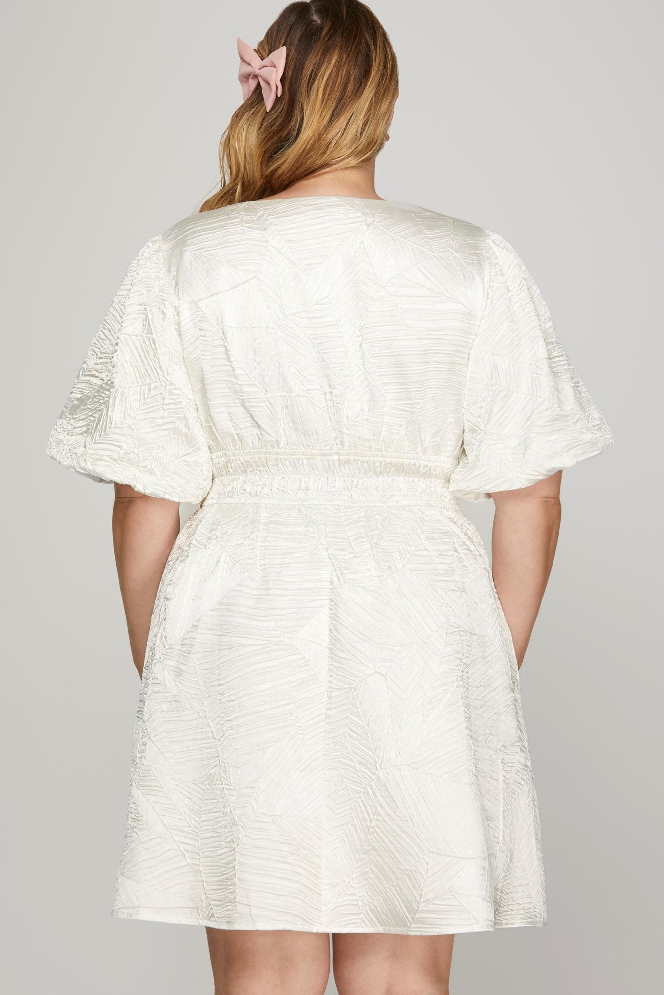 She + Sky Crinkle Woven V-Neck Balloon Sleeve Mini Dress