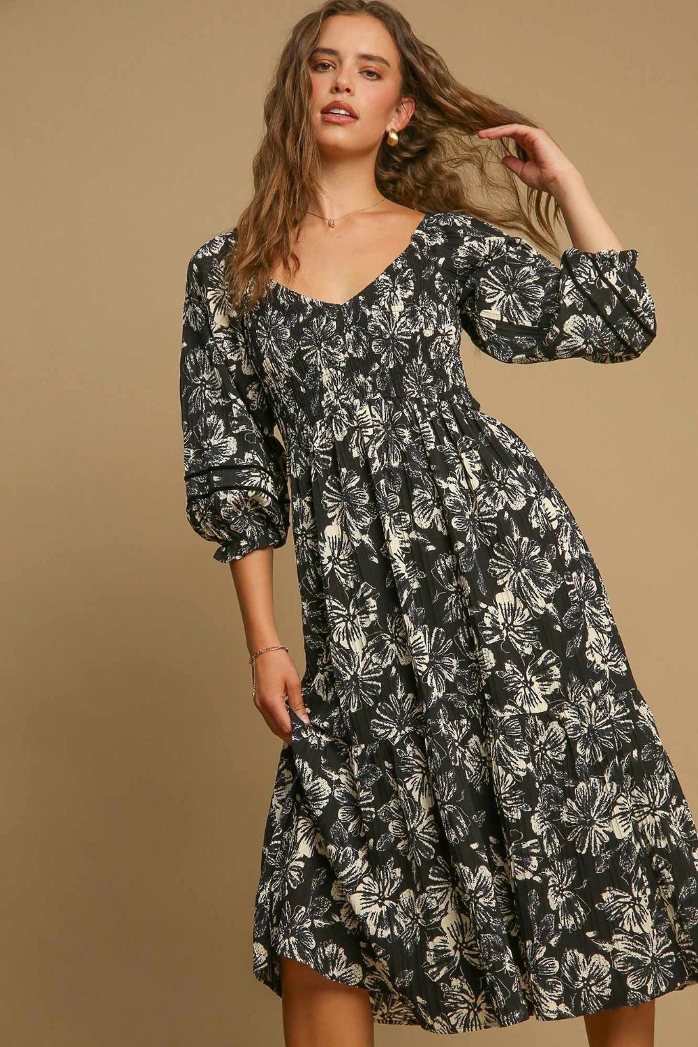 Umgee Ruffle Hem Flower Printed V Neck Dress