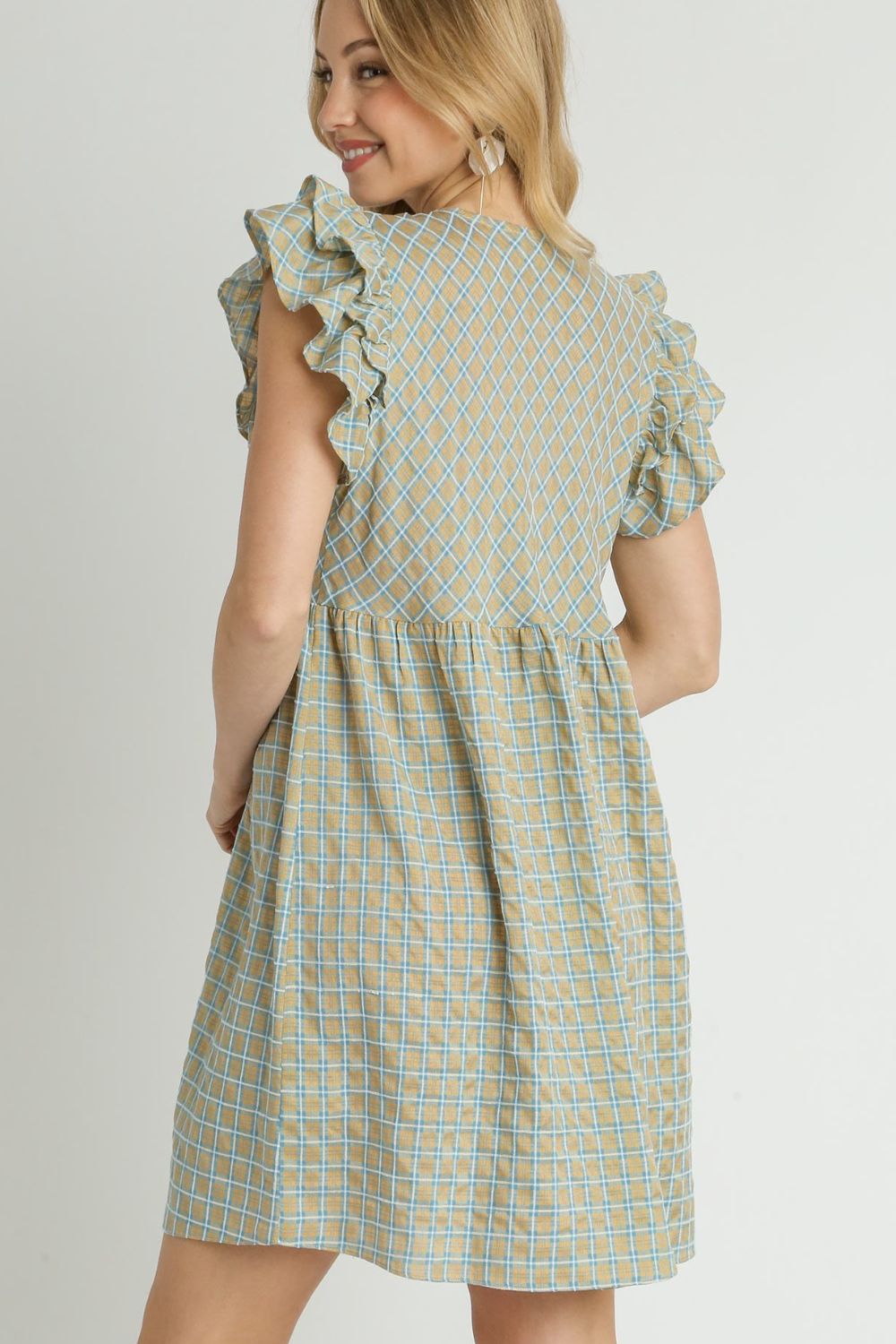 Umgee Plaid V-Neck Ruffle Cap Sleeve Dress