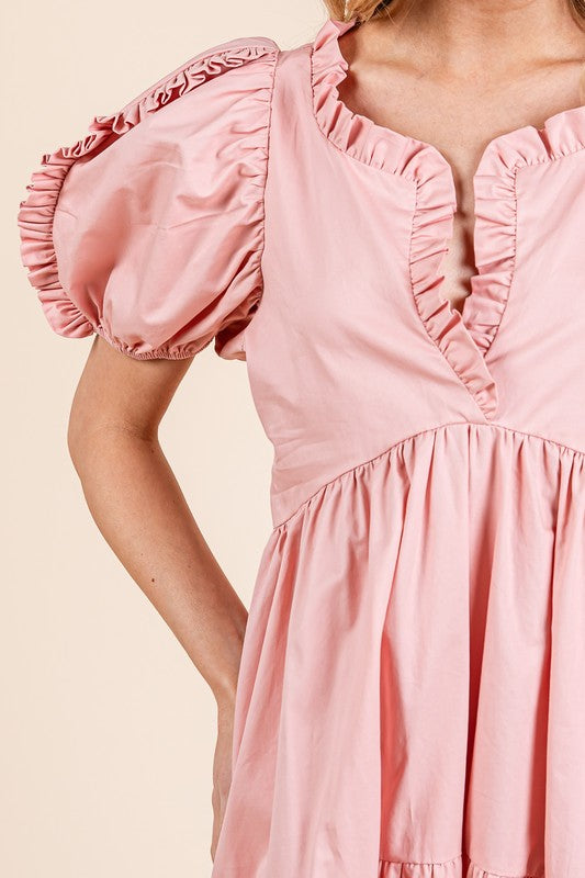 GeeGee Ruffle Trim Puff Sleeve Tiered Babydoll Midi Dress