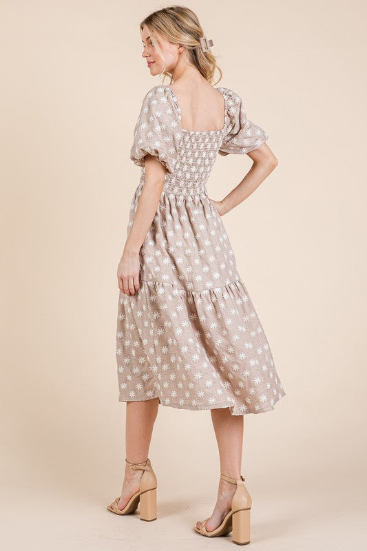GeeGee Floral Embroidered Smocked Puff Sleeve Tiered Midi Dress