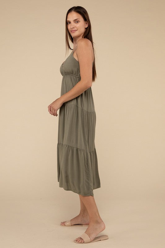 Zenana Woven Sweetheart Neckline Tiered Cami Midi Dress