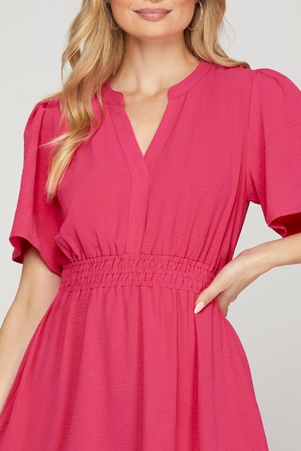 She + Sky Ruffled Hem Notched Flutter Sleeve Mini Dress