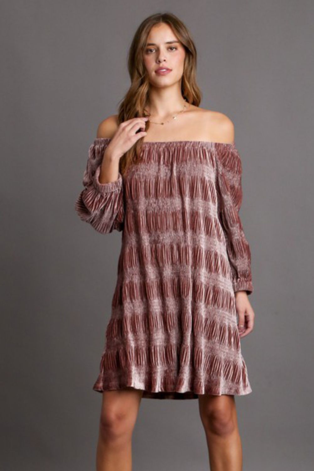 Umgee Off Shoulder Balloon Sleeve Velvet Mini Dress
