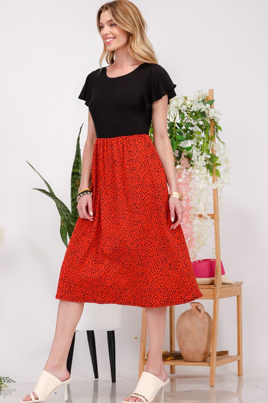 Celeste Two Tone Animal Print Flutter Sleeve Midi Dress