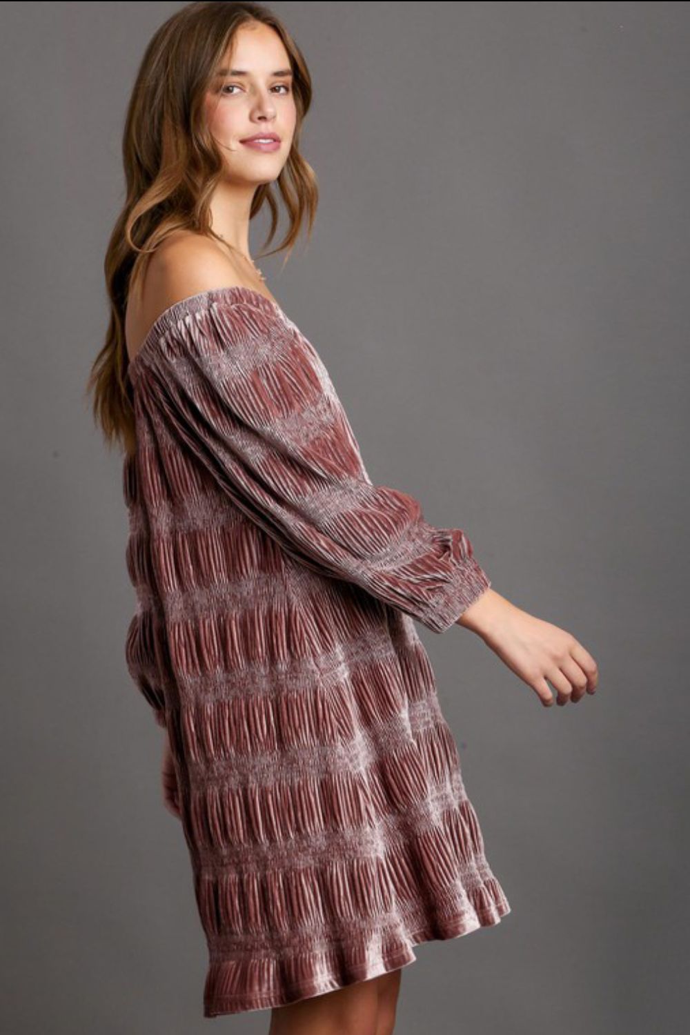 Umgee Off Shoulder Balloon Sleeve Velvet Mini Dress
