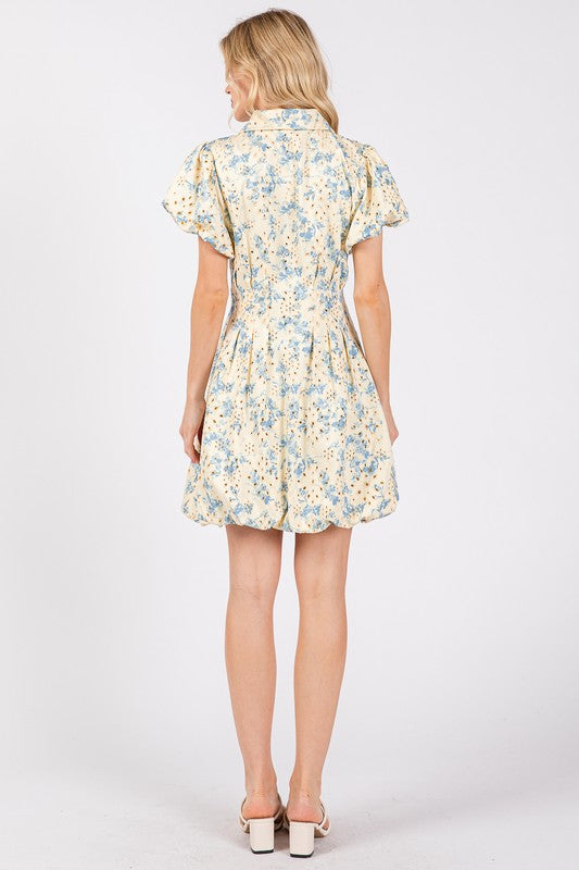 GeeGee Floral Eyelet Zipper Front Puff Sleeve Mini Dress