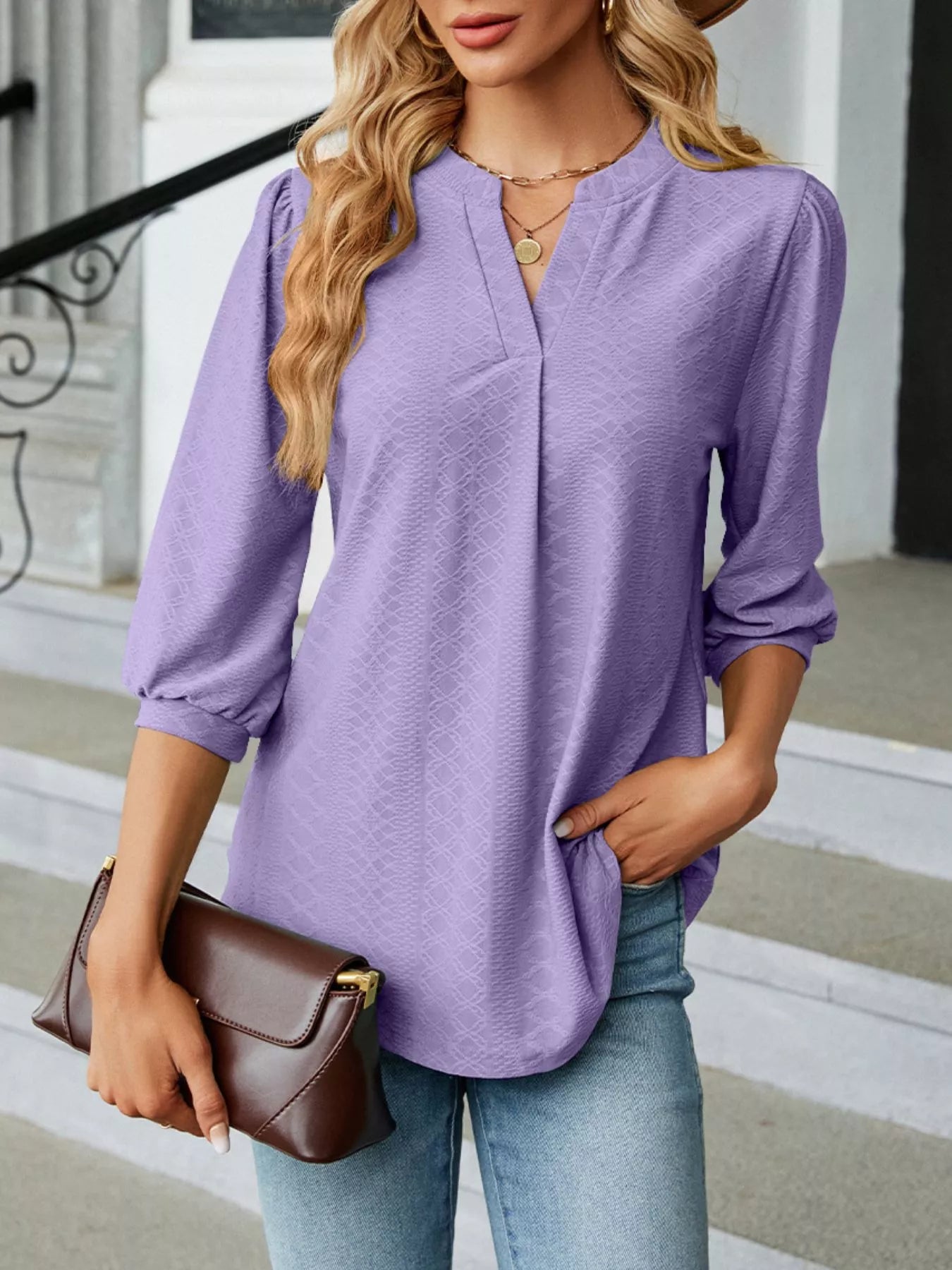 Notched 3/4 Sleeve Casual Top – Effortless Everyday Style