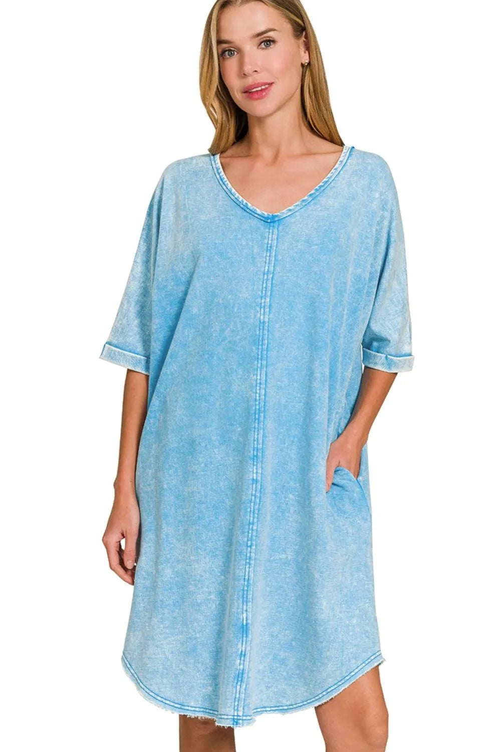 Acid Wash Oversized T-Shirt Dress with Pockets & V-Neck