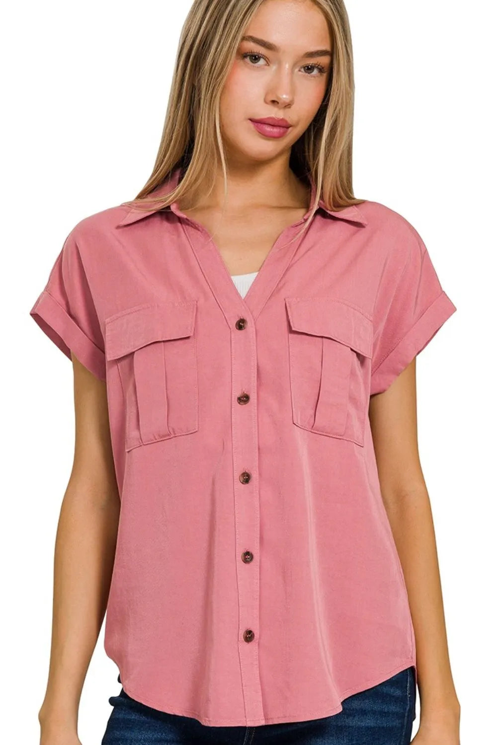 Dusty Rose Utility Blouse – Lightweight V-Neck with Chest Pockets